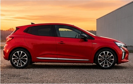 Renault Clio 5 E-Tech Rouge 2026 — vue de profil