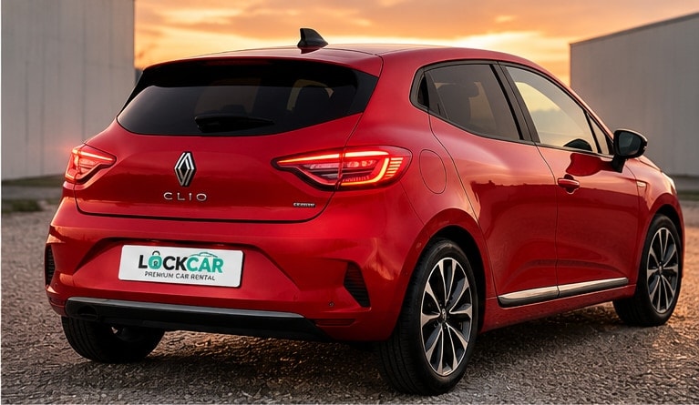 Renault Clio 5 E-Tech Rouge 2026 — vue trois-quarts arrière